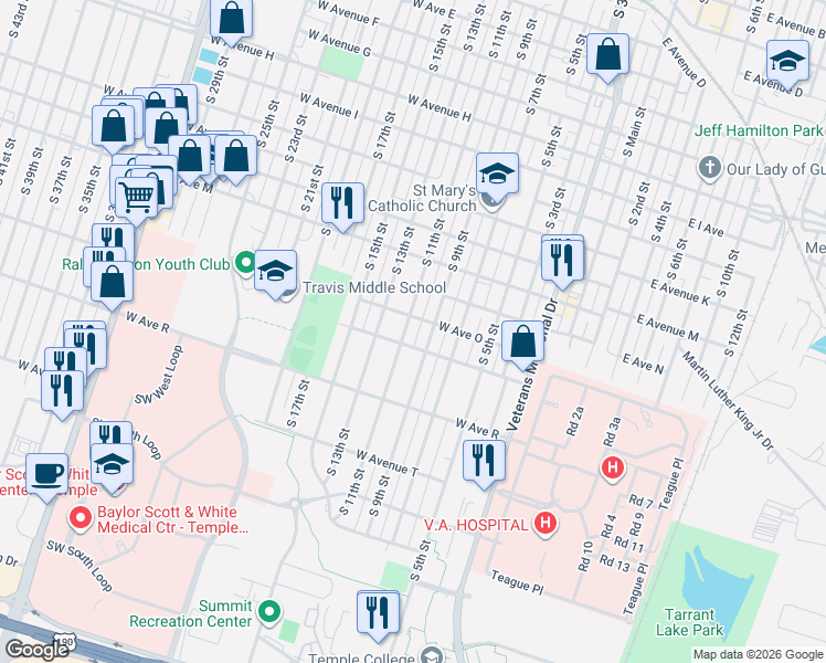 map of restaurants, bars, coffee shops, grocery stores, and more near 1518 South 11th Street in Temple