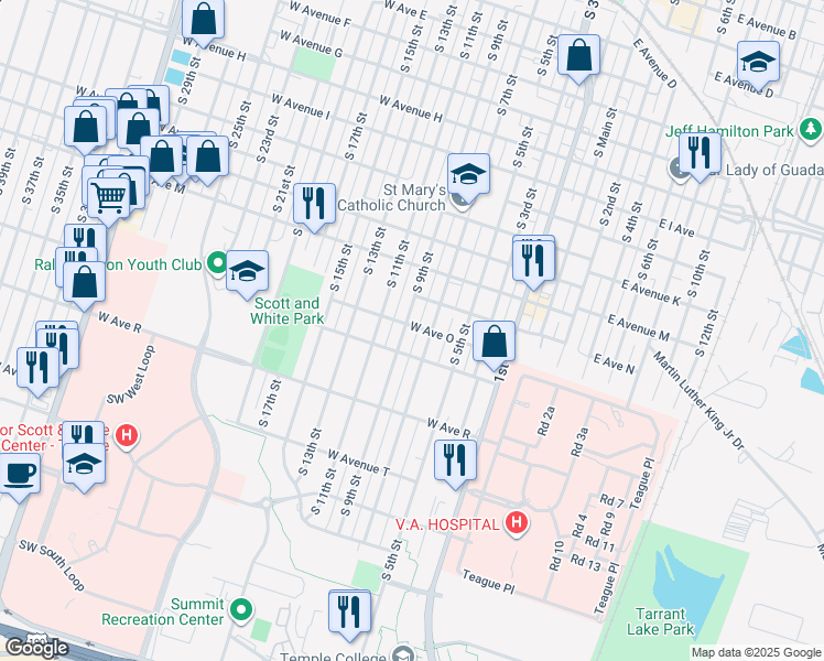 map of restaurants, bars, coffee shops, grocery stores, and more near 1509 South 9th Street in Temple