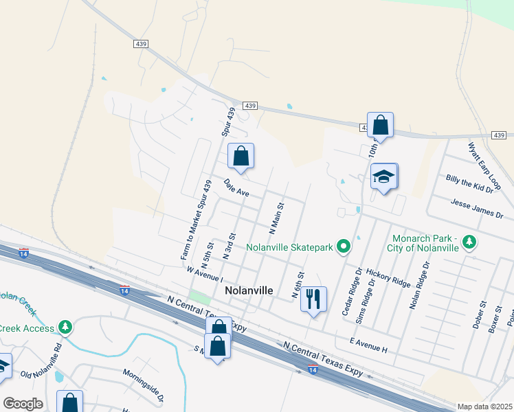 map of restaurants, bars, coffee shops, grocery stores, and more near 602 North 1st Street in Nolanville
