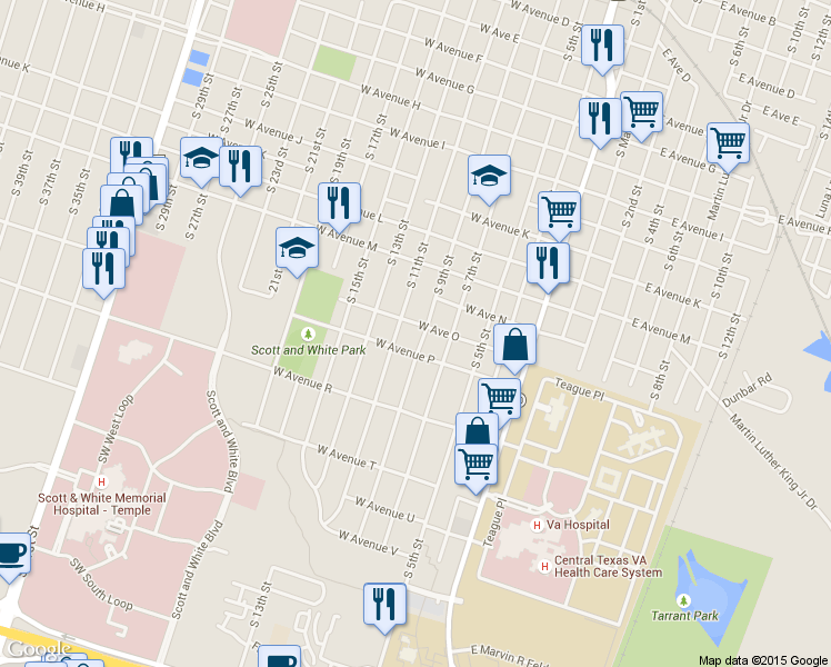 map of restaurants, bars, coffee shops, grocery stores, and more near 1509 South 9th Street in Temple