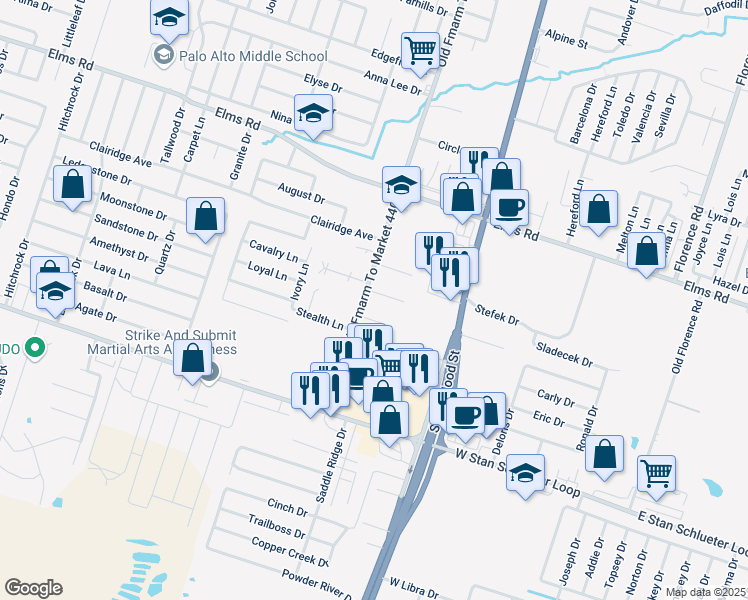 map of restaurants, bars, coffee shops, grocery stores, and more near 1110 Leslie Circle in Killeen