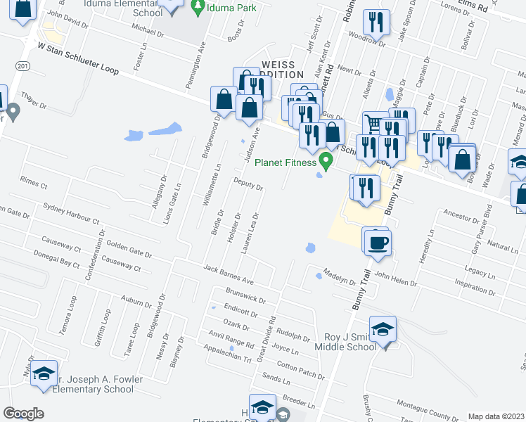 map of restaurants, bars, coffee shops, grocery stores, and more near 5200 Lauren Lea Drive in Killeen