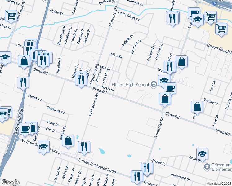 map of restaurants, bars, coffee shops, grocery stores, and more near 305 East Elms Road in Killeen
