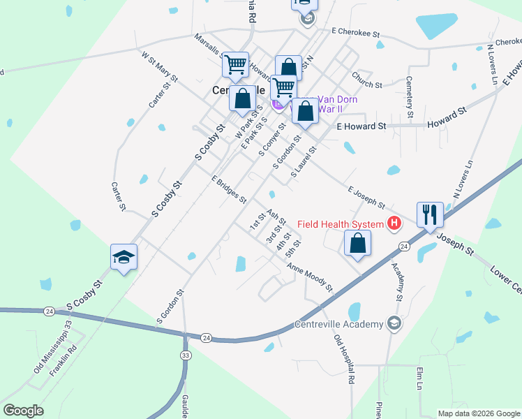map of restaurants, bars, coffee shops, grocery stores, and more near 600-798 2nd Street in Centreville