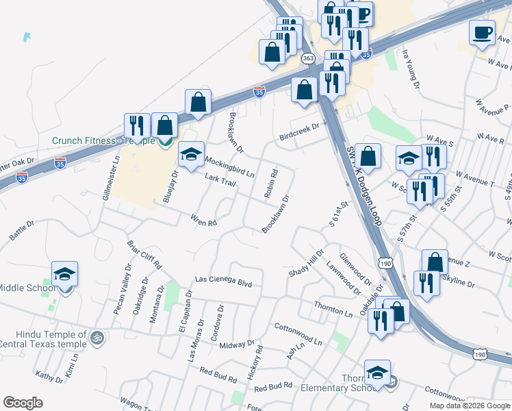 map of restaurants, bars, coffee shops, grocery stores, and more near 3701 Lark Trail in Temple