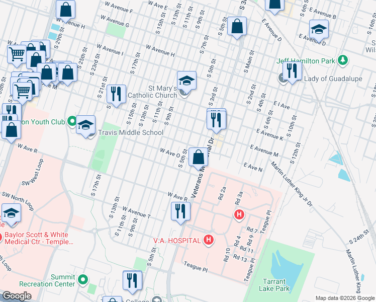 map of restaurants, bars, coffee shops, grocery stores, and more near 1416 South 3rd Street in Temple