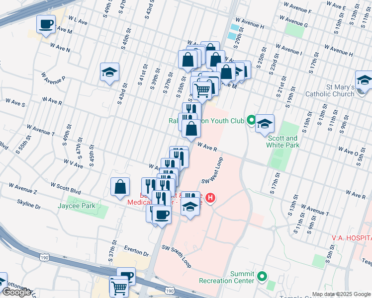 map of restaurants, bars, coffee shops, grocery stores, and more near 1912 South 31st Street in Temple