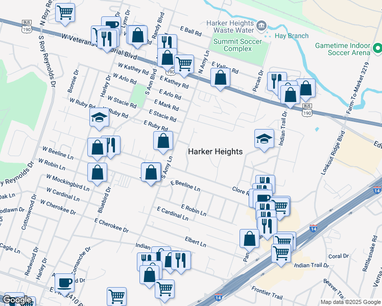 map of restaurants, bars, coffee shops, grocery stores, and more near 417 Brittney Way in Harker Heights