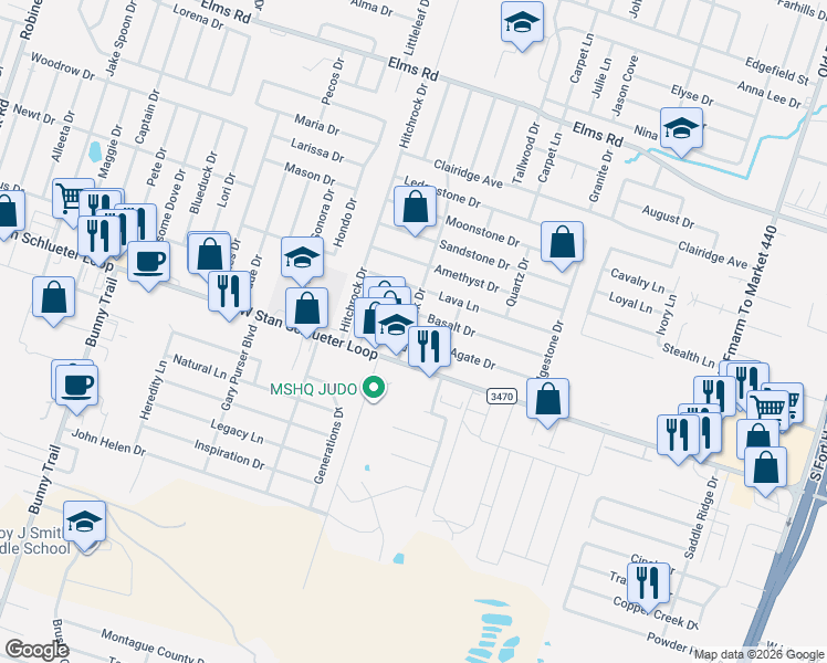 map of restaurants, bars, coffee shops, grocery stores, and more near 2200 Agate Drive in Killeen
