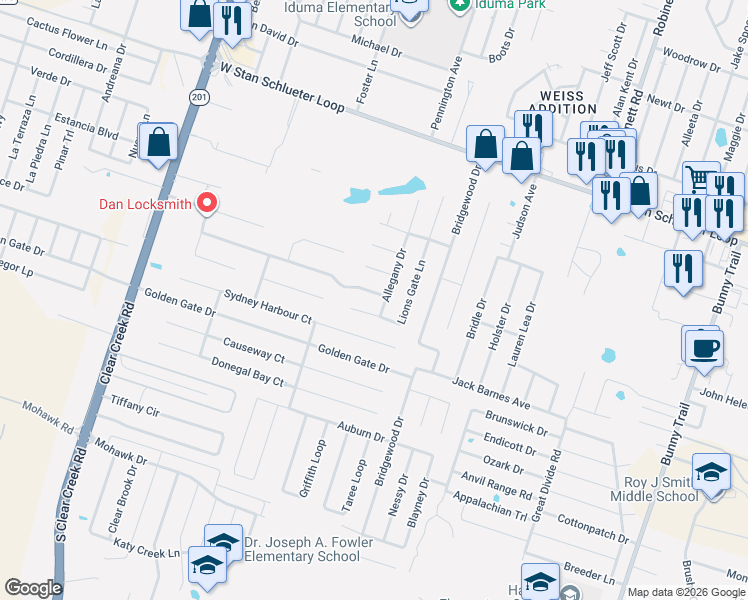 map of restaurants, bars, coffee shops, grocery stores, and more near 5314 Allegany Drive in Killeen