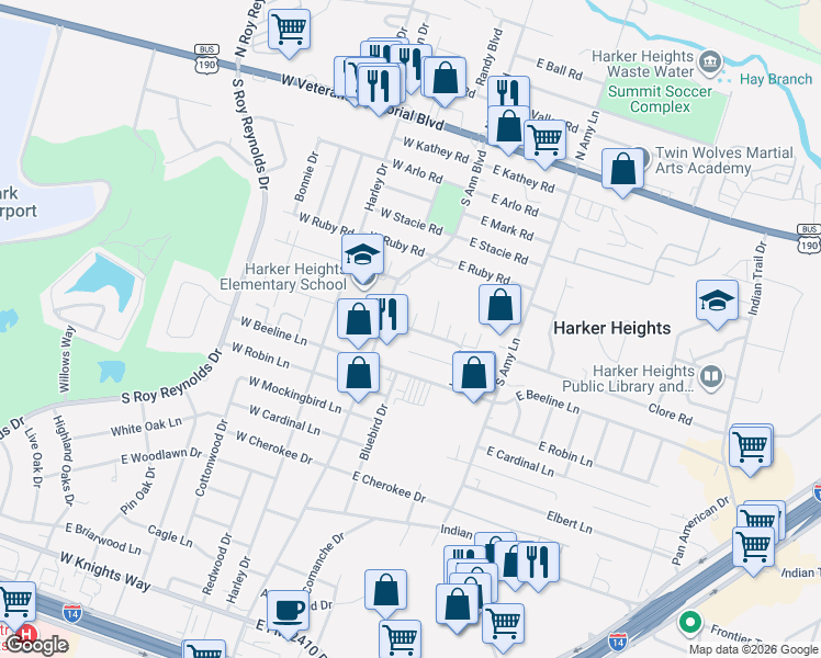 map of restaurants, bars, coffee shops, grocery stores, and more near 101 Bybee Court in Harker Heights