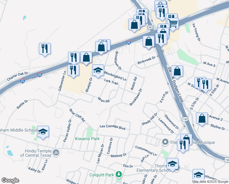 map of restaurants, bars, coffee shops, grocery stores, and more near 2513 Wren Road in Temple