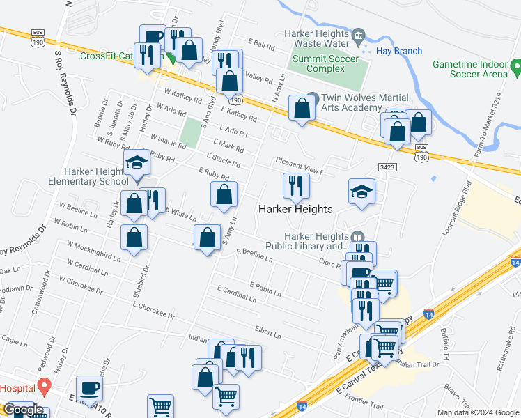 map of restaurants, bars, coffee shops, grocery stores, and more near 417 Brittney Way in Harker Heights