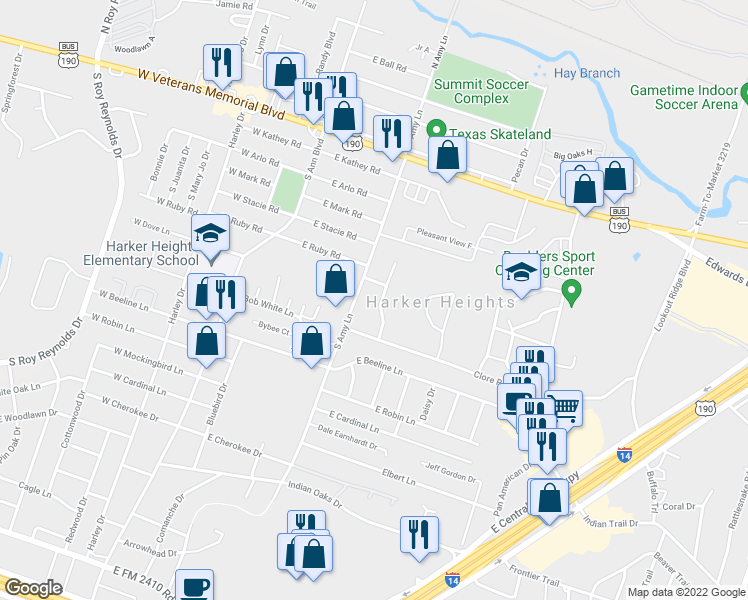map of restaurants, bars, coffee shops, grocery stores, and more near 417 Brittney Way in Harker Heights