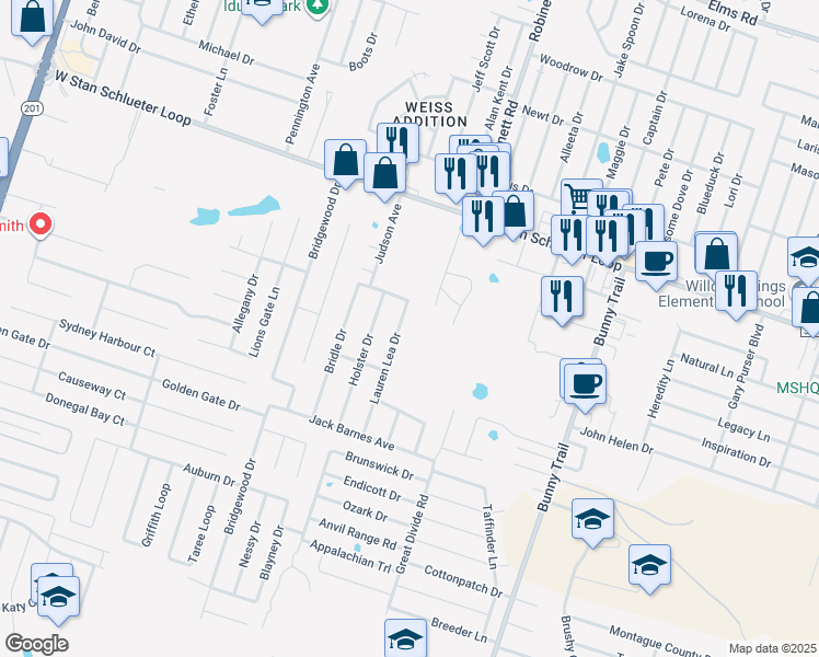 map of restaurants, bars, coffee shops, grocery stores, and more near 5205 Lauren Lea Drive in Killeen