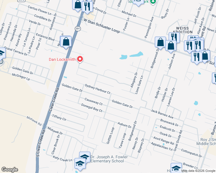 map of restaurants, bars, coffee shops, grocery stores, and more near 4801 Sydney Harbour Court in Killeen