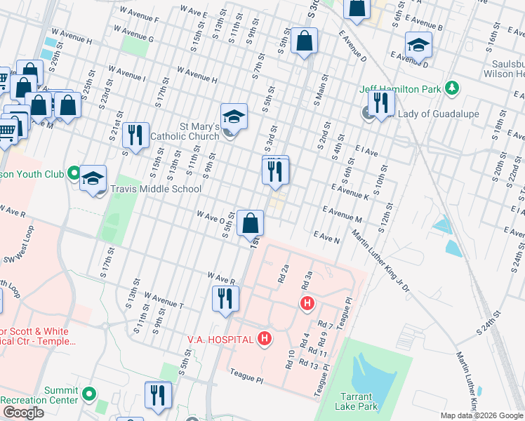 map of restaurants, bars, coffee shops, grocery stores, and more near 1401 South 1st Street in Temple