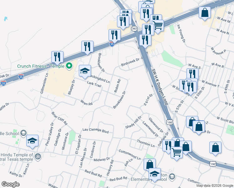 map of restaurants, bars, coffee shops, grocery stores, and more near 3701 Lark Trail in Temple