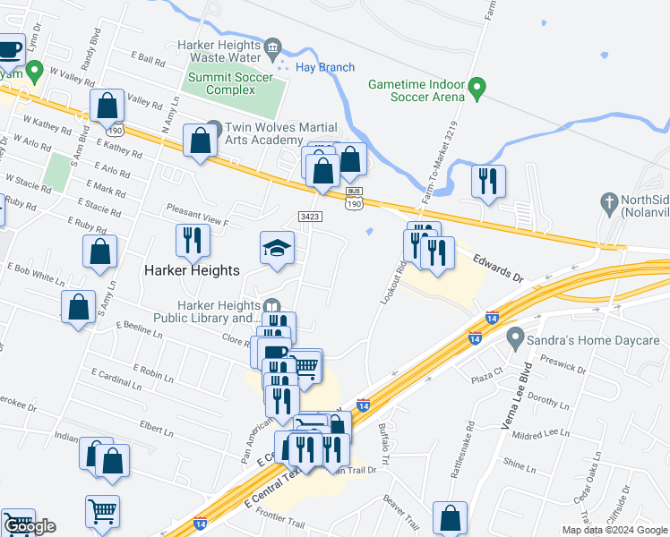 map of restaurants, bars, coffee shops, grocery stores, and more near 325 Indian Trail in Harker Heights
