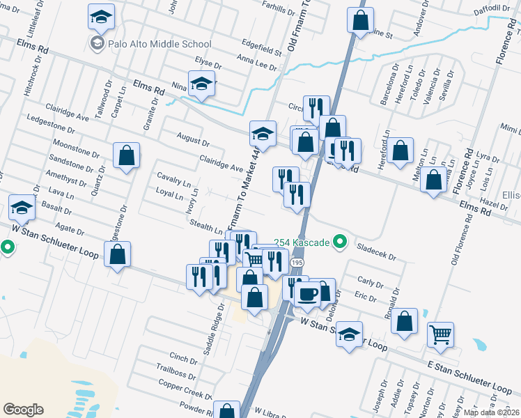map of restaurants, bars, coffee shops, grocery stores, and more near 1102 Leslie Circle in Killeen