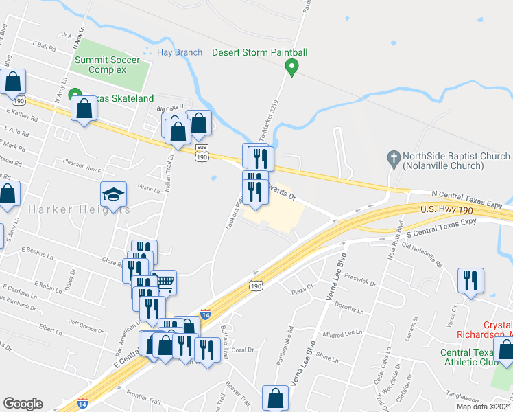 map of restaurants, bars, coffee shops, grocery stores, and more near 706 Edwards Drive in Harker Heights