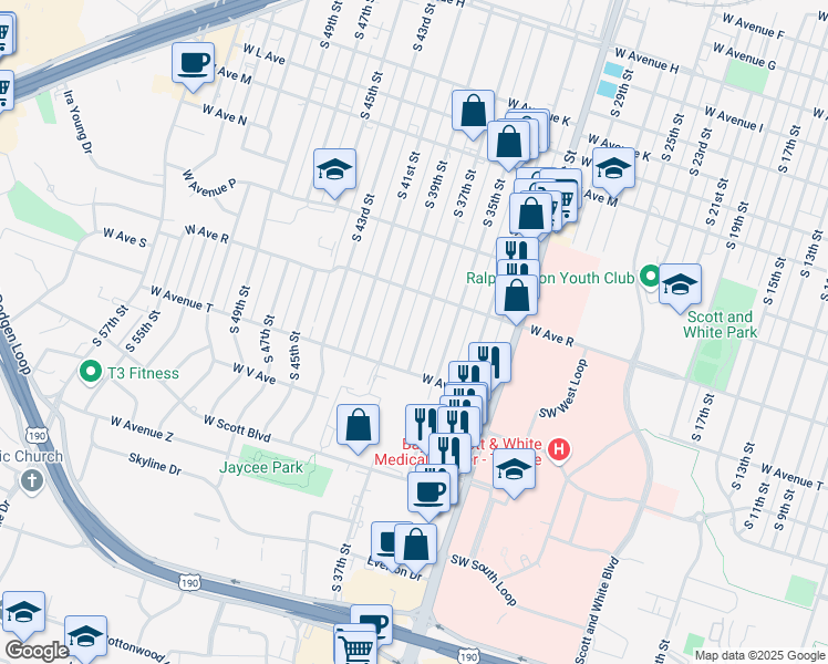 map of restaurants, bars, coffee shops, grocery stores, and more near 1826 South 37th Street in Temple
