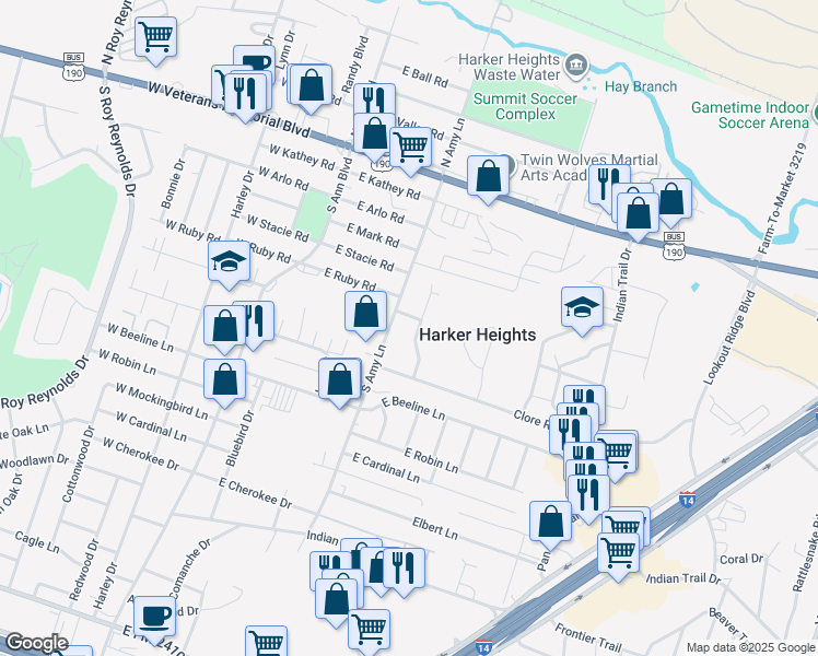 map of restaurants, bars, coffee shops, grocery stores, and more near 414 Brittney Way in Harker Heights