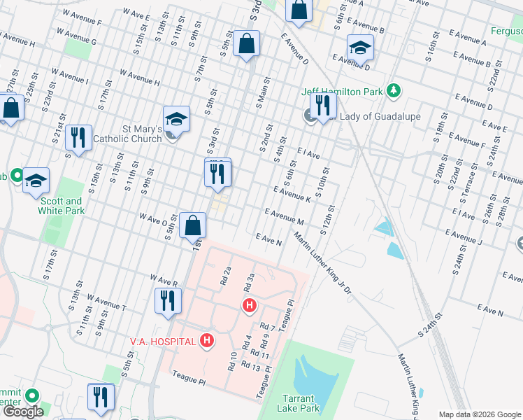 map of restaurants, bars, coffee shops, grocery stores, and more near 1210 South 4th Street in Temple