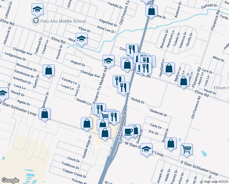 map of restaurants, bars, coffee shops, grocery stores, and more near 803 Leifester Circle in Killeen