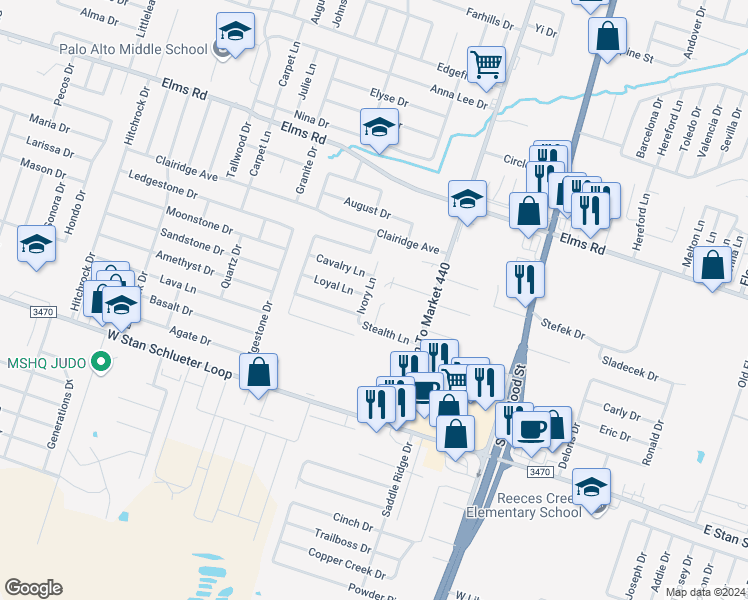 map of restaurants, bars, coffee shops, grocery stores, and more near 4302 Ivory Lane in Killeen