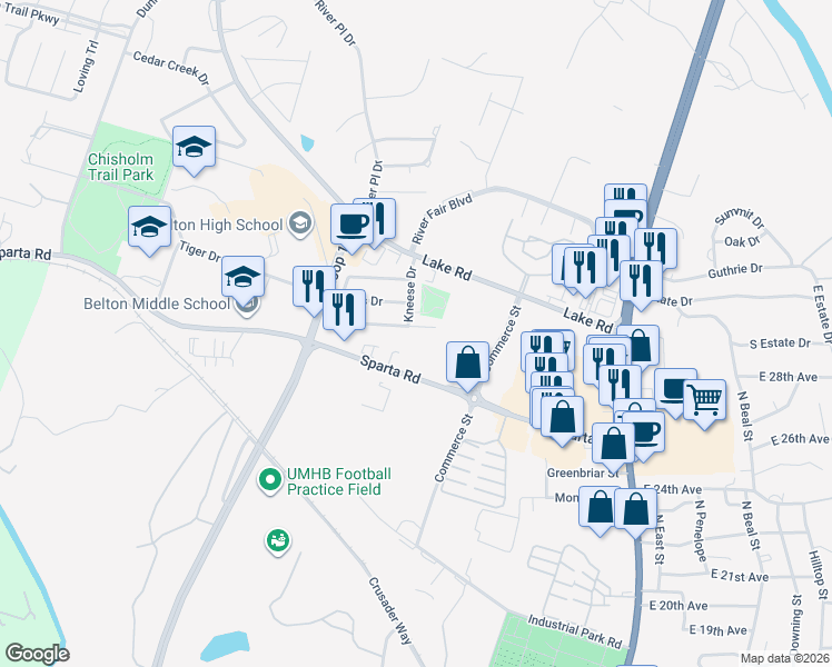 map of restaurants, bars, coffee shops, grocery stores, and more near 2606 Kneese Drive in Belton