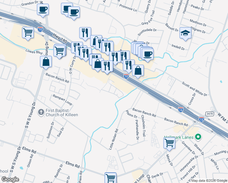 map of restaurants, bars, coffee shops, grocery stores, and more near 2710 Cunningham Road in Killeen