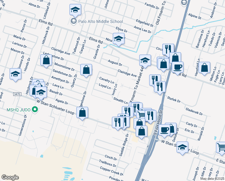map of restaurants, bars, coffee shops, grocery stores, and more near 1203 Loyal Lane in Killeen