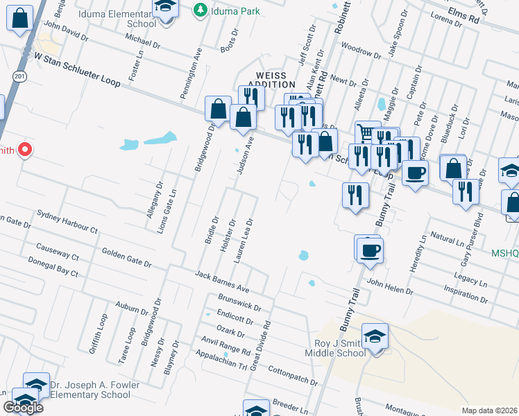 map of restaurants, bars, coffee shops, grocery stores, and more near 5104 Lauren Lea Drive in Killeen