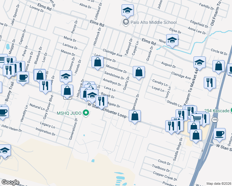 map of restaurants, bars, coffee shops, grocery stores, and more near 2101 Lava Lane in Killeen