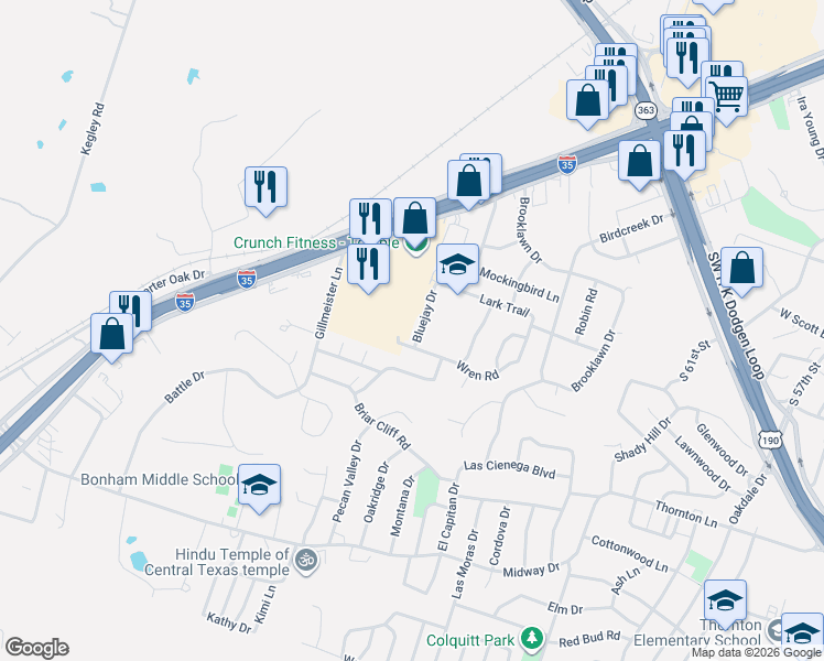 map of restaurants, bars, coffee shops, grocery stores, and more near 2514 Blue Jay Drive in Temple