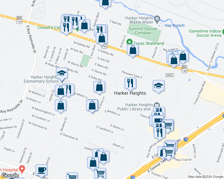 map of restaurants, bars, coffee shops, grocery stores, and more near 410 Brittney Way in Harker Heights