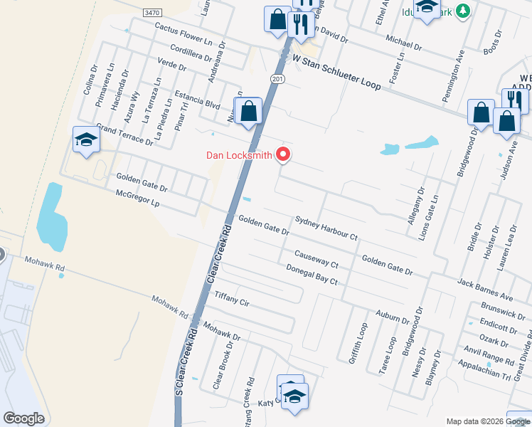 map of restaurants, bars, coffee shops, grocery stores, and more near 5405 Sydney Harbour Court in Killeen