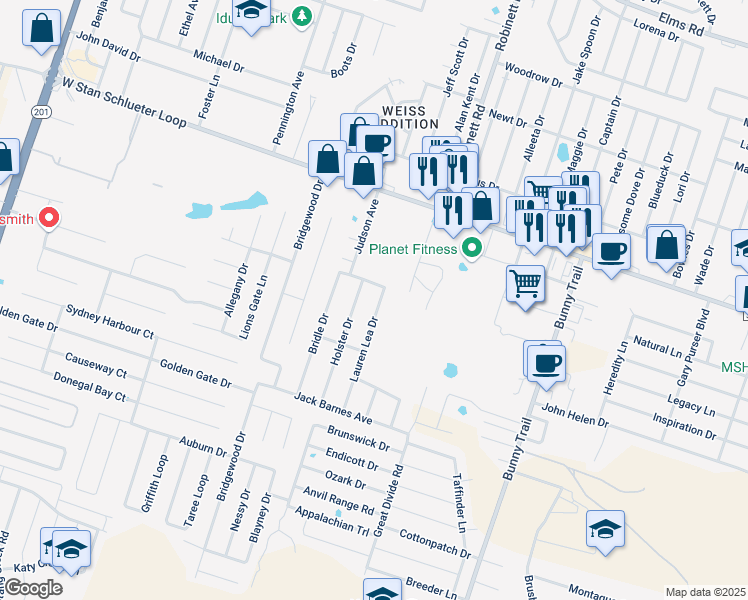 map of restaurants, bars, coffee shops, grocery stores, and more near 5105 Lauren Lea Drive in Killeen