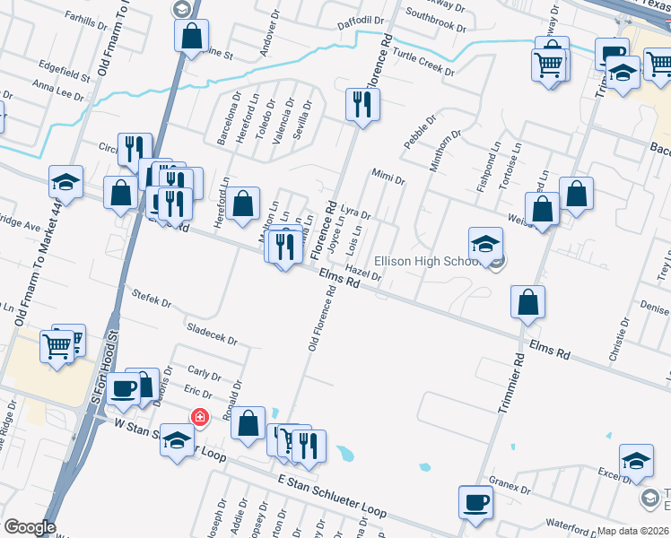 map of restaurants, bars, coffee shops, grocery stores, and more near 101 East Elms Road in Killeen
