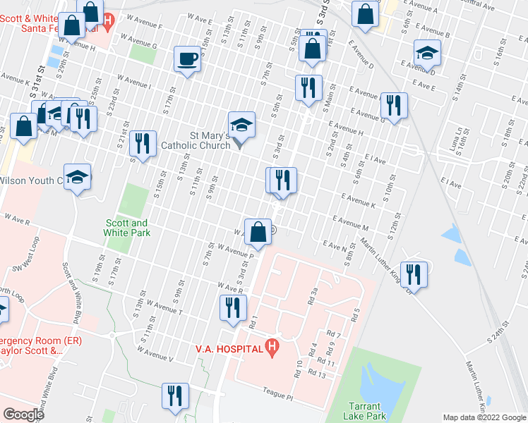 map of restaurants, bars, coffee shops, grocery stores, and more near 1220 South 1st Street in Temple