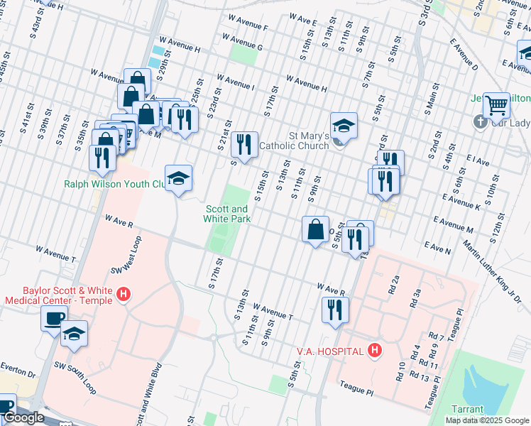 map of restaurants, bars, coffee shops, grocery stores, and more near 1414 South 15th Street in Temple
