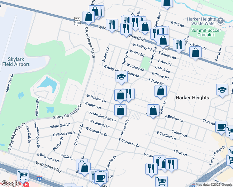 map of restaurants, bars, coffee shops, grocery stores, and more near 726 South Ann Boulevard in Harker Heights