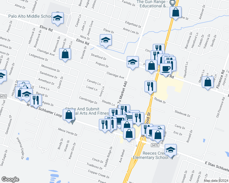 map of restaurants, bars, coffee shops, grocery stores, and more near 1103 Lansberry Court in Killeen