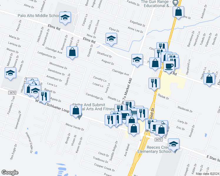 map of restaurants, bars, coffee shops, grocery stores, and more near 1103 Lansberry Court in Killeen