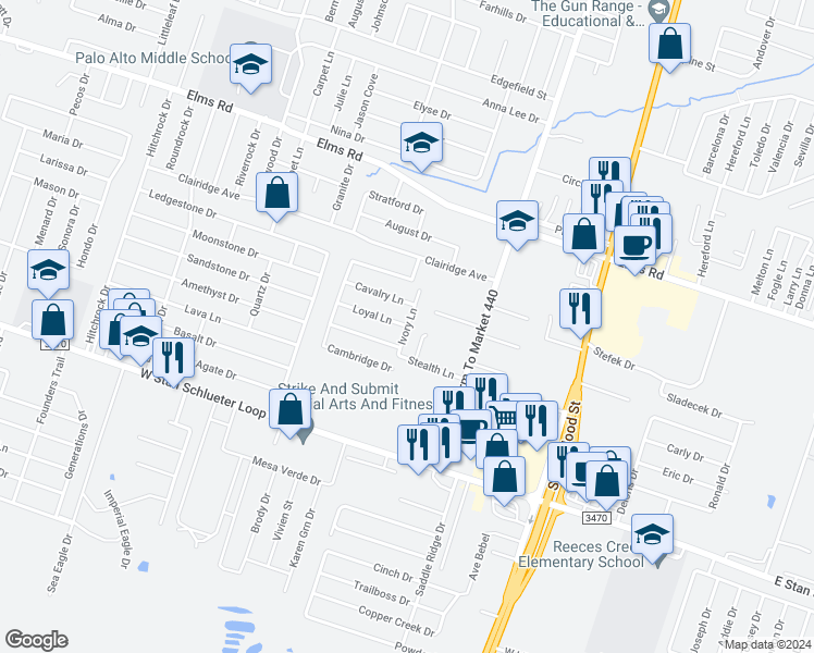 map of restaurants, bars, coffee shops, grocery stores, and more near 1203 Loyal Lane in Killeen