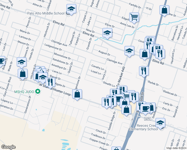 map of restaurants, bars, coffee shops, grocery stores, and more near 1304 Loyal Lane in Killeen