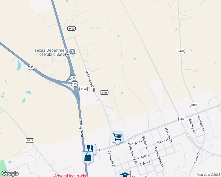 map of restaurants, bars, coffee shops, grocery stores, and more near 275 Cr 3401 in Lampasas