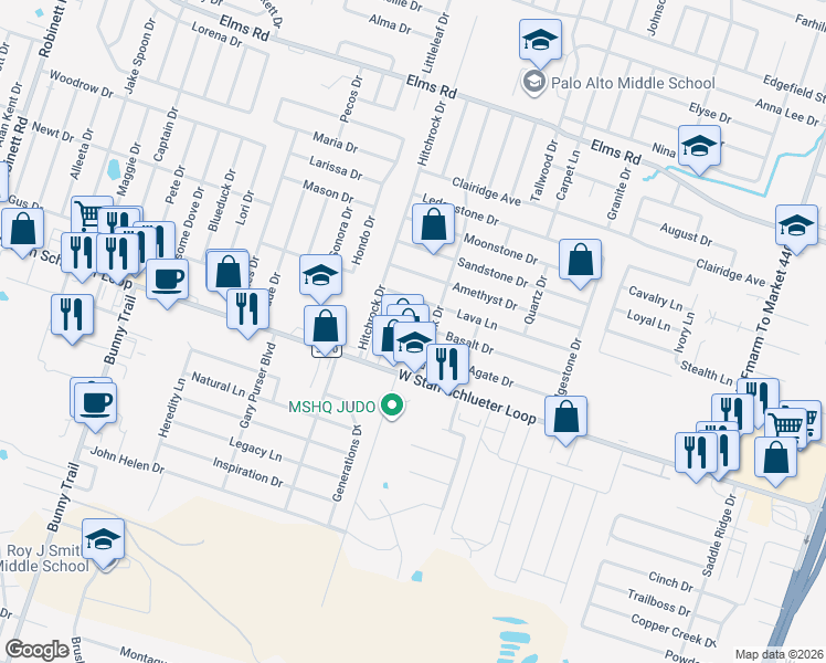 map of restaurants, bars, coffee shops, grocery stores, and more near 2306 Basalt Drive in Killeen