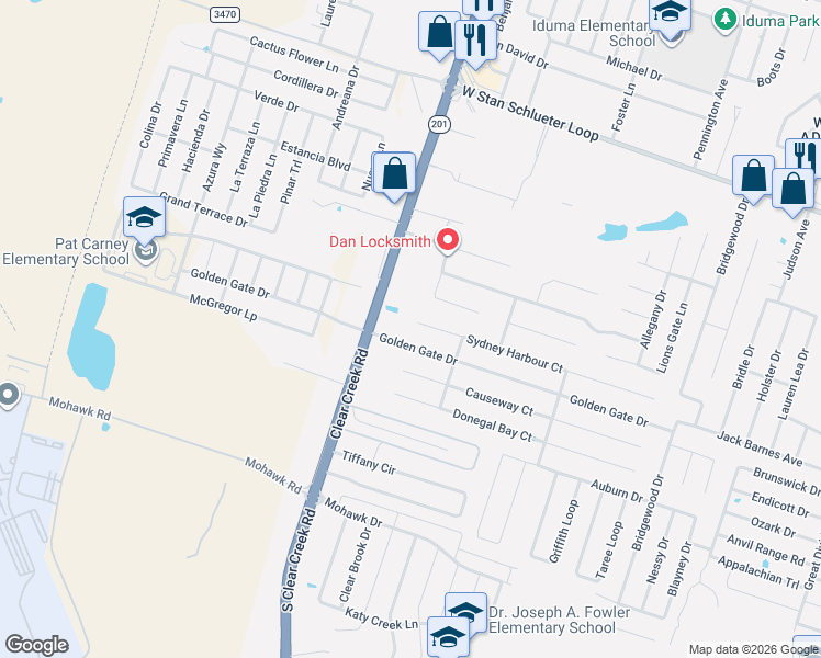 map of restaurants, bars, coffee shops, grocery stores, and more near 5405 Sydney Harbour Court in Killeen